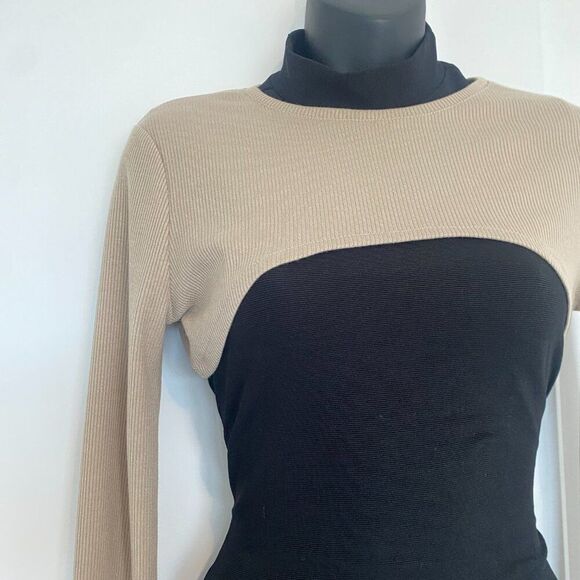 NWT Grey Lab Beige Tan Cropped Crewneck Ribbed Shrug Long-Sleeve Top Size Small - Picture 2 of 6